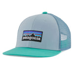 Patagonia Kid's Trucker Hat with the P-6 Logo design and a Steam Blue colour on a plain white background