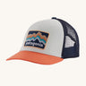The Patagonia Kids Trucker Hat Ridge Rise Stripe / Coho Coral on a plain background. 
