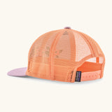 Patagonia kid's trucker hat in purple with peach orange mesh on the back. Showing adjustable size strap