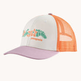 Patagonia kid's trucker hat in white with friend lei embroidered detail on the front and a peach orange netting on the back. 