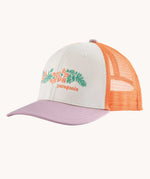 Patagonia kid's trucker hat in white with friend lei embroidered detail on the front and a peach orange netting on the back. 