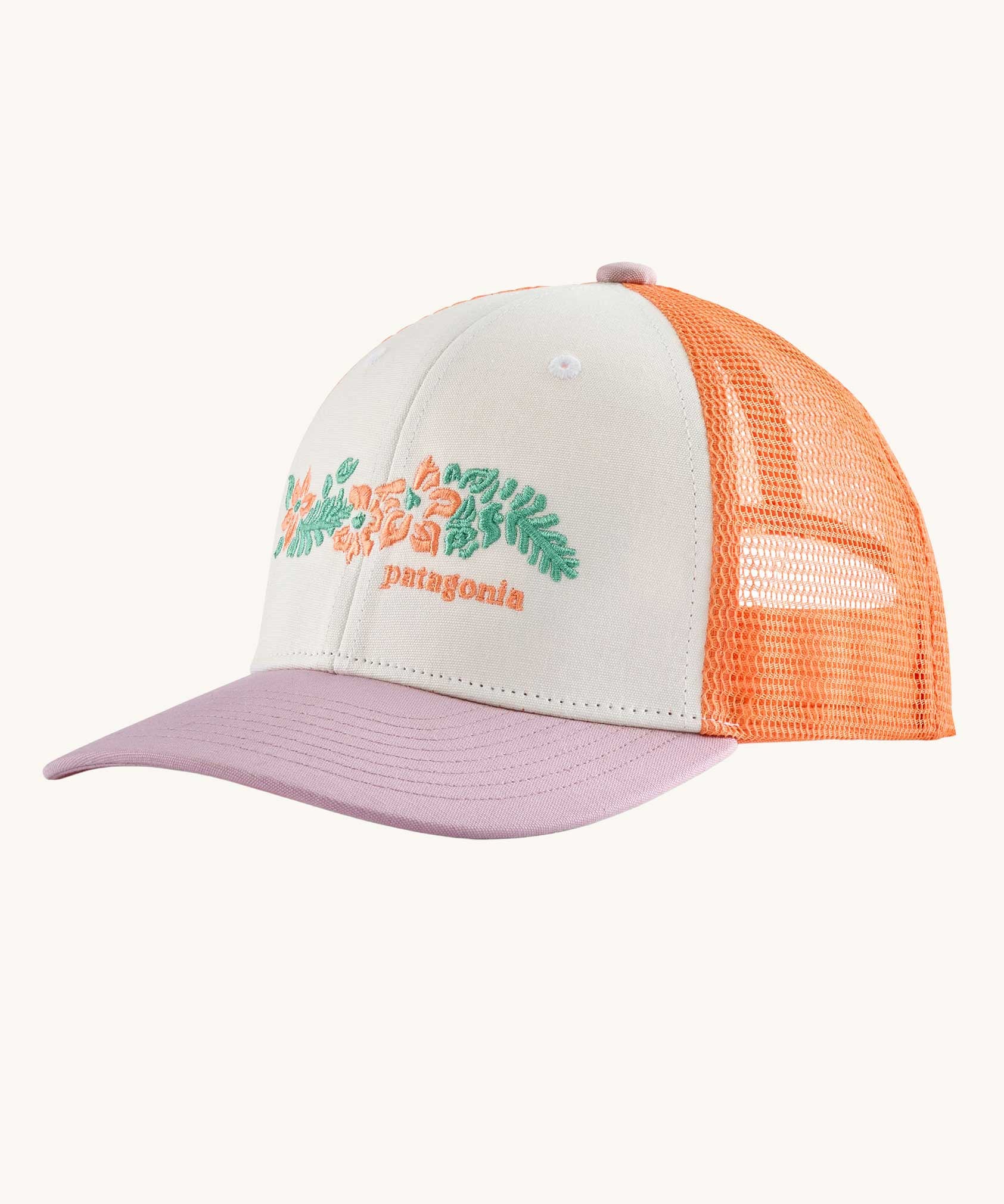 Patagonia kid's trucker hat in white with friend lei embroidered detail on the front and a peach orange netting on the back. 