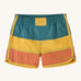 Patagonia kids swim shorts in blue yellow and orange colour block on a cream background