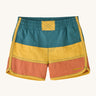 Patagonia kids swim shorts in blue yellow and orange colour block on a cream background