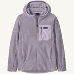 Patagonia kids full zip hoodie in a pastel purple colour on a cream background