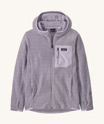 Patagonia kids full zip hoodie in a pastel purple colour on a cream background