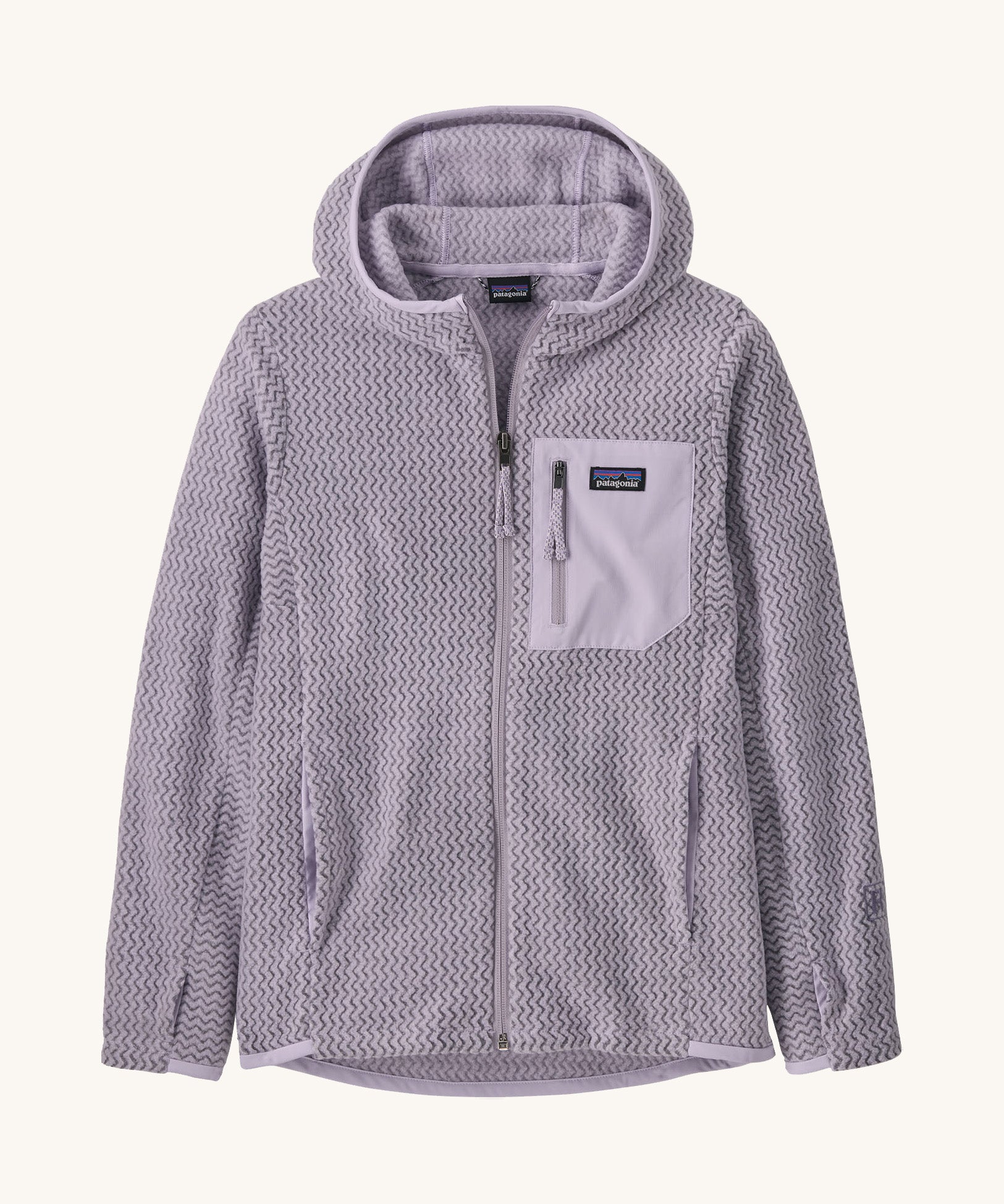 Patagonia kids full zip hoodie in a pastel purple colour on a cream background