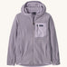 Patagonia kids full zip hoodie in a pastel purple colour on a cream background