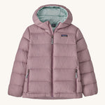 Patagonia Kids Hi-Loft Down Sweater Hoody in a Stormy Mauve on a plain background. 