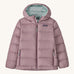 Patagonia Kids Hi-Loft Down Sweater Hoody in a Stormy Mauve on a plain background. 