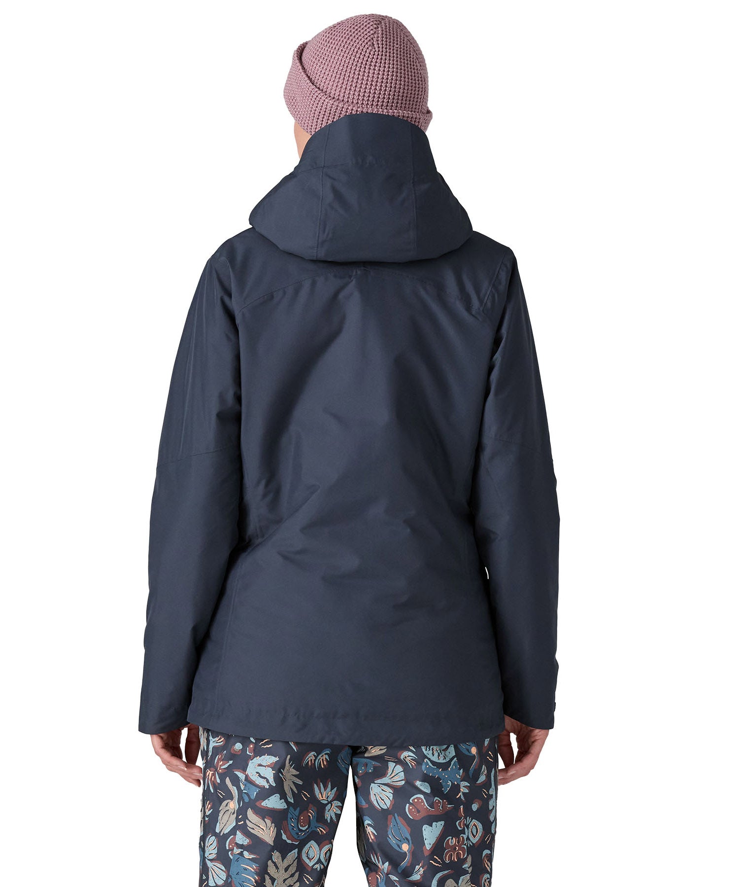 Patagonia Women's Insulated Powder Town Jacket in a Smolder Blue with Dulse Mauve colour. View of back of jacket.