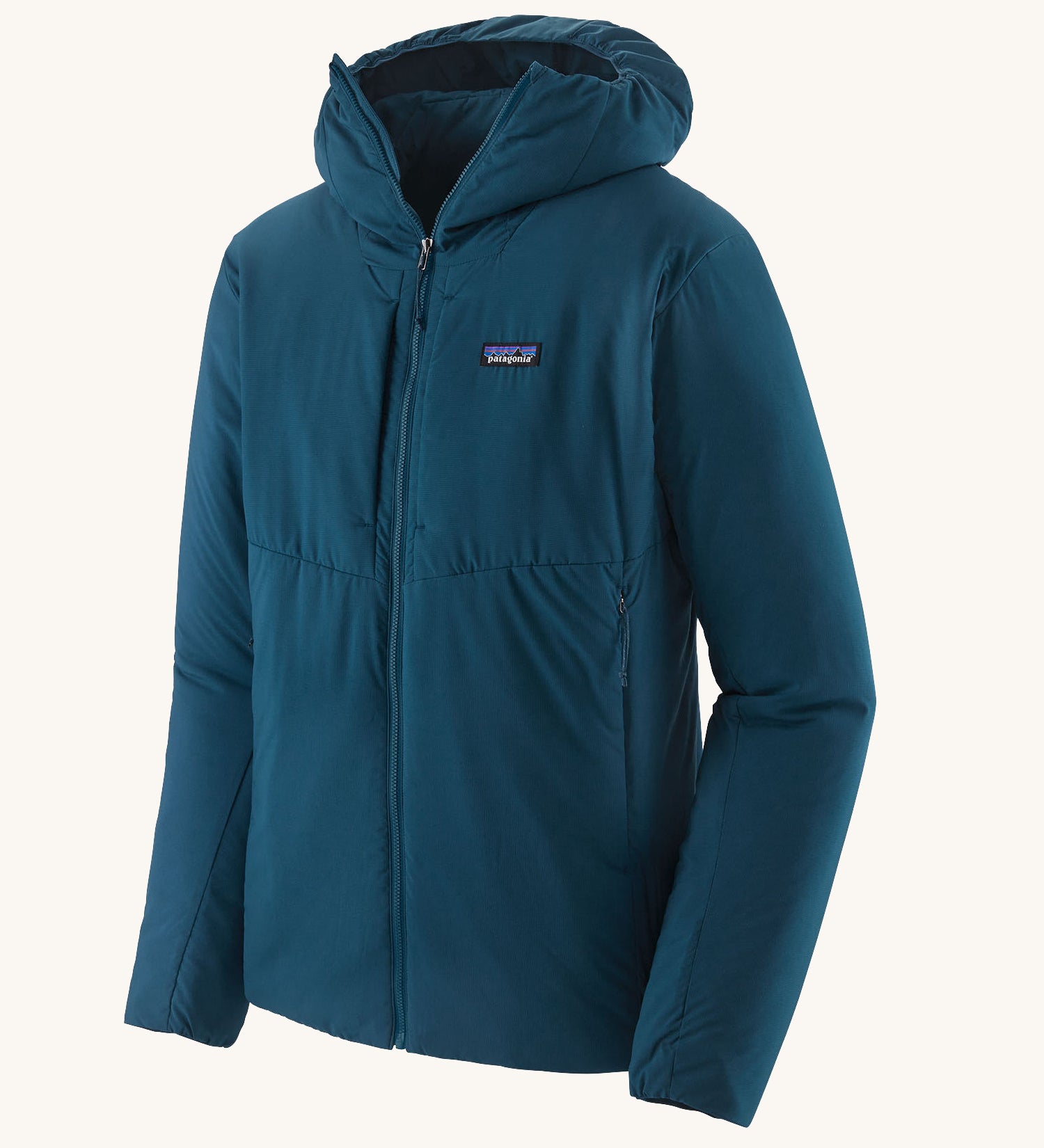 Patagonia mens nano air hoodie in a lagom blue colour on a cream background