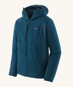 Patagonia mens nano air hoodie in a lagom blue colour on a cream background