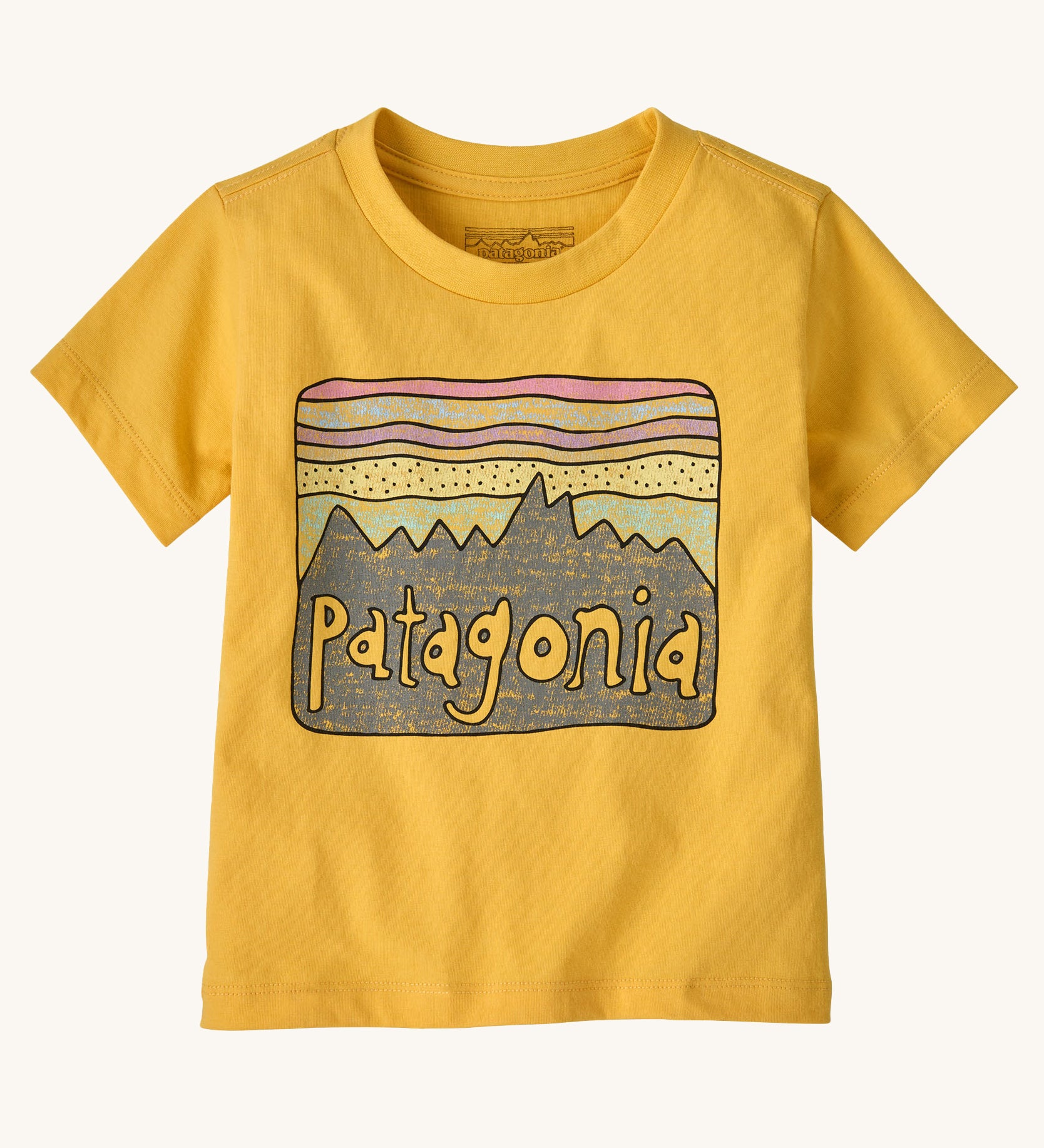 Patagonia Little Kids Regenerative Fitz Roy Skies T-Shirt in a Nectar Yellow colour way on a plain background. 