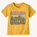 Patagonia Little Kids Regenerative Fitz Roy Skies T-Shirt in a Nectar Yellow colour way on a plain background. 