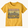 Patagonia Little Kids Regenerative Fitz Roy Skies T-Shirt in a Nectar Yellow colour way on a plain background. 