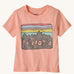 The Patagonia Little Kids Regenerative Fitz Roy Skies T-Shirt in a Sunlit Pink colour way on a plain background.