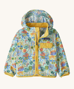 The Patagonia Little Kids Baggies Jacket with a Meadow Moose / Rinsed Green print on a plain background. 