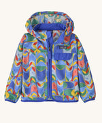 The Patagonia Little Kids Baggies Jacket with a Swallowtail Geo / Eddy Blue pattern on a plain background. 