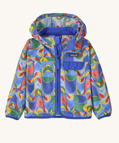 The Patagonia Little Kids Baggies Jacket with a Swallowtail Geo / Eddy Blue pattern on a plain background. 