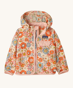 The Patagonia Little Kids Baggies Jacket with a Way Back / Sunlit Pink pattern on a plain background. 