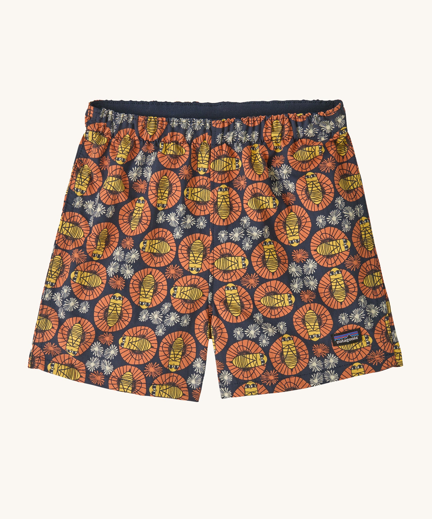 The Patagonia Little Kids Baggies Shorts with a Bee You / New Navy design on a plain background.