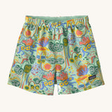 The Patagonia Little Kids Baggies Shorts in the Meadow Moose / Rinsed Green design on a plain background. 