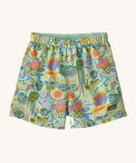 The Patagonia Little Kids Baggies Shorts in the Meadow Moose / Rinsed Green design on a plain background. 