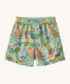The Patagonia Little Kids Baggies Shorts in the Meadow Moose / Rinsed Green design on a plain background. 