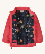 The Patagonia Little Kids Down Insulated Sweater in Sierra Pink on a plain background. The front zip is fully open showing the moon and stars patterned lining. 