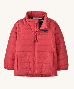 The Patagonia Little Kids Down Insulated Sweater in Sierra Pink on a plain background. 