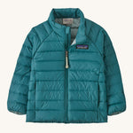 The Patagonia Little Kids Down Insulated Sweater in Wetland Blue on a plain background. 