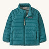 The Patagonia Little Kids Down Insulated Sweater in Wetland Blue on a plain background. 
