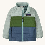 A Patagonia Little Kids Down Sweater Jacket in the Wispy Green colour way on a plain background.