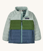 A Patagonia Little Kids Down Sweater Jacket in the Wispy Green colour way on a plain background.