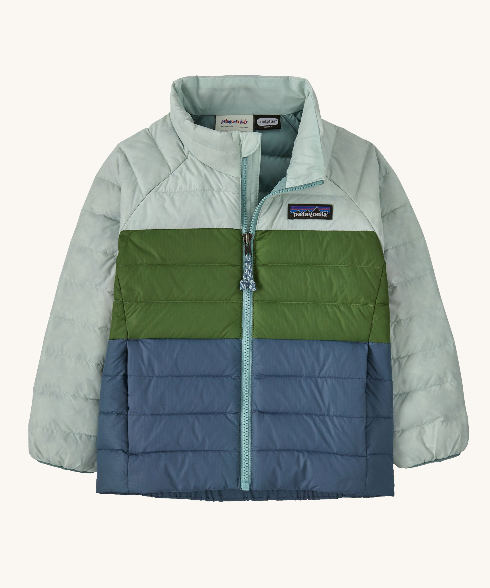 A Patagonia Little Kids Down Sweater Jacket in the Wispy Green colour way on a plain background.