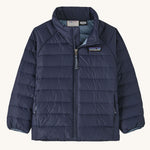 The Patagonia Little Kids Down Sweater kids jacket in a New Navy colour on plain background. 