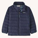 The Patagonia Little Kids Down Sweater kids jacket in a New Navy colour on plain background. 