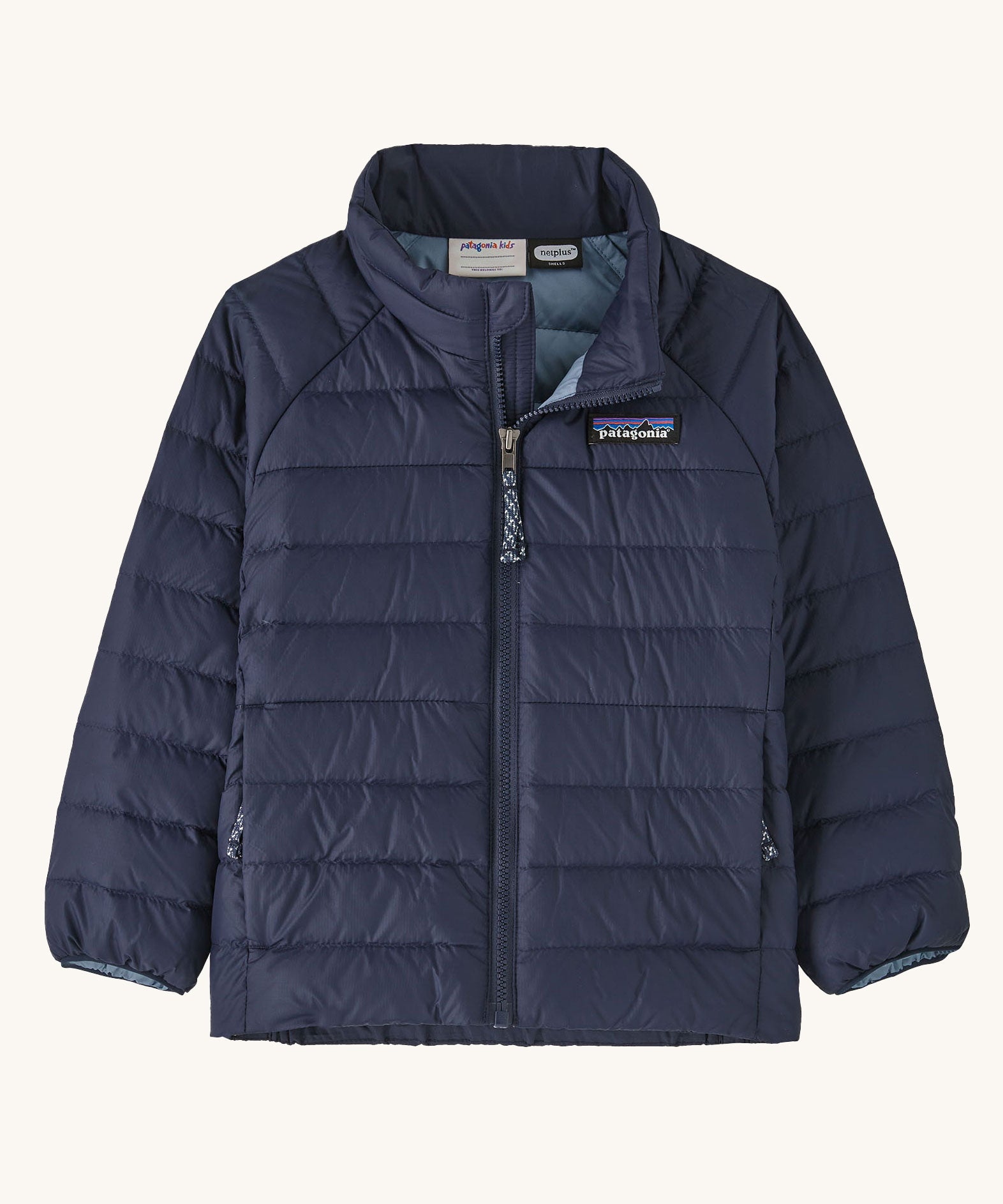 The Patagonia Little Kids Down Sweater kids jacket in a New Navy colour on plain background. 