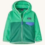 A Patagonia Little Kids Micro D Snap-T Jacket in a heartleaf green colour way on a plain background. 
