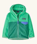 A Patagonia Little Kids Micro D Snap-T Jacket in a heartleaf green colour way on a plain background. 