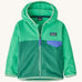 A Patagonia Little Kids Micro D Snap-T Jacket in a heartleaf green colour way on a plain background. 