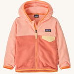 A Patagonia Little Kids Micro D Snap-T Jacket in a Peak Pink colour way on a plain background. 