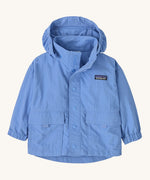 The Patagonia Little Kids Outdoor Everyday Jacket in the Abundant Blue colour way on a plain background. 