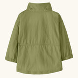 Back of Patagonia Little Kids Outdoor Everyday quick drying jacket in the light green showing the hood removed from collar 