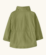 Back of Patagonia Little Kids Outdoor Everyday quick drying jacket in the light green showing the hood removed from collar 