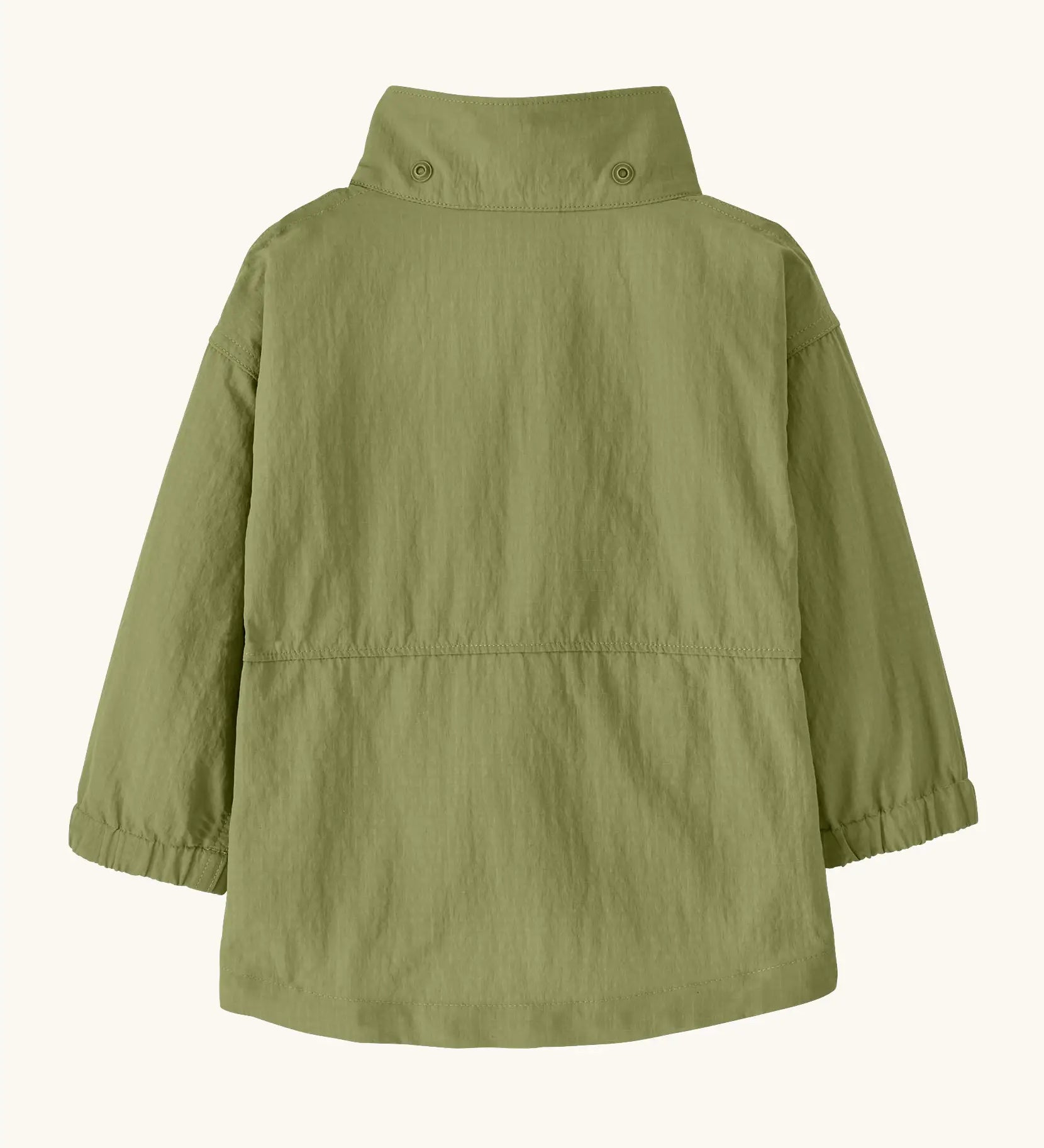 Back of Patagonia Little Kids Outdoor Everyday quick drying jacket in the light green showing the hood removed from collar 