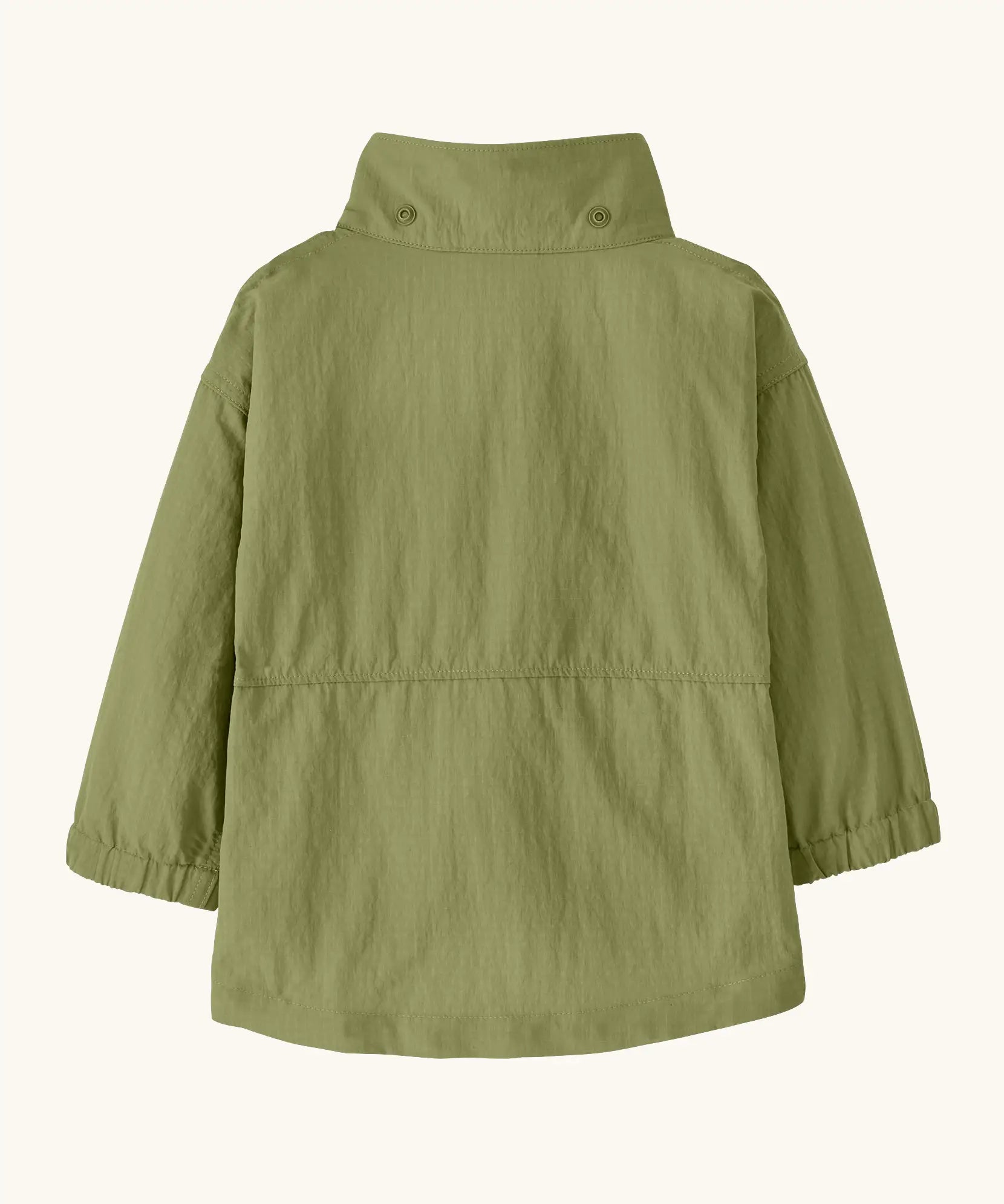 Back of Patagonia Little Kids Outdoor Everyday quick drying jacket in the light green showing the hood removed from collar 
