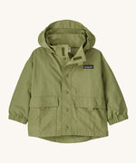 The Patagonia Little Kids Outdoor Everyday Jacket in the Buckhorn Green colour way on a plain background. 