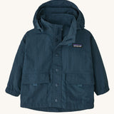 The Patagonia Little Kids Outdoor Everyday Jacket in the Tidepool Blue colour way on a plain background. 